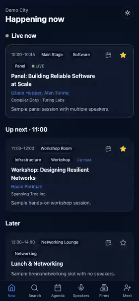 Walkthrough of the Lanyard app: the live agenda, speaker profiles, and on-device networking